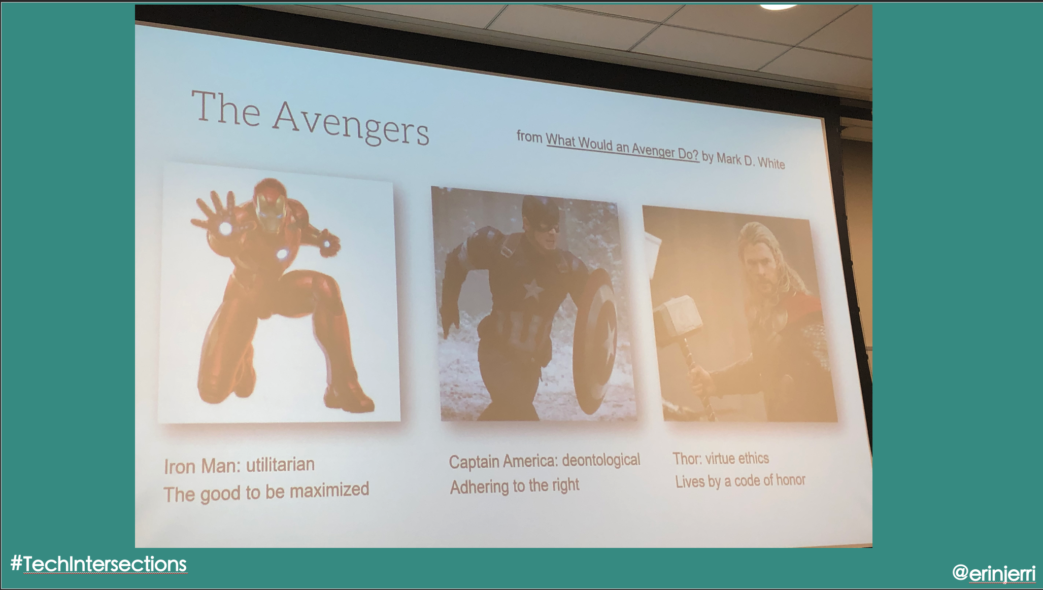 This graphic was shown in Data Ethics course at USF. "What Would An Avenger Do?" By Mark D. White - https://media.wiley.com/product_data/excerpt/72/11180745/1118074572-234.pdf