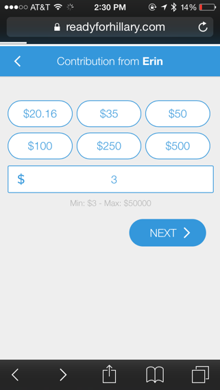 Hillary’s campaign mobile fundraising needs a makeover. A New Way to Give.